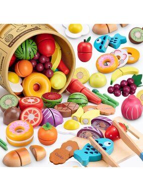 45 Pcs Wooden Play Food Set - Realistic Cutting Fruits & Veggies, Montessori Toy